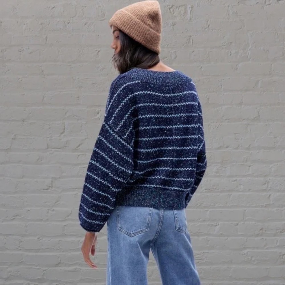 Free People NWT Starlight Blue Striped Cotton Blend Heavy Knit Sweater - Picture 4 of 14